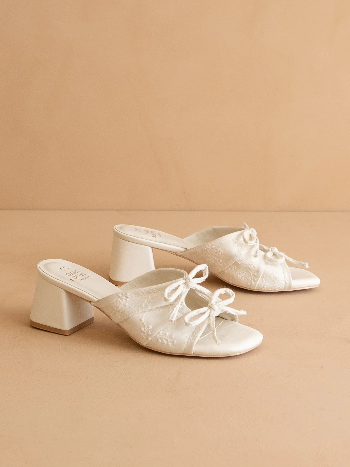 The Emerald | White Double Bow Peep Hole Block Heel - Image 3