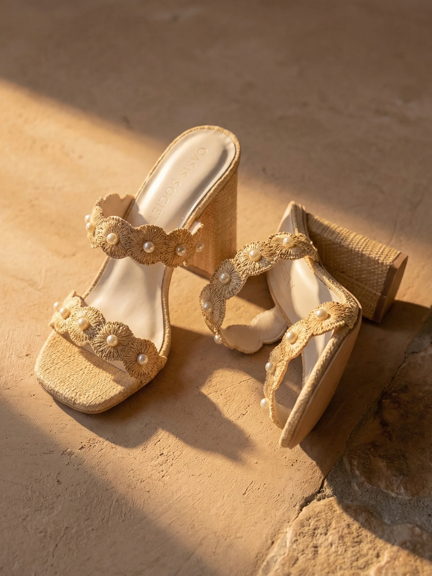 The Helena | Natural Raffia Resort Block Heel Sandal with Pearl Details - Image 7